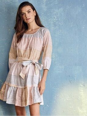 Lilla P Light Blue and White Gingham Peasant Blouse Dress